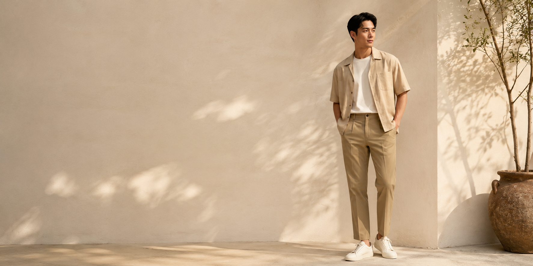 Người mẫu nam mặc áo thun tối giản DoDoFashion, phối cùng quần kaki